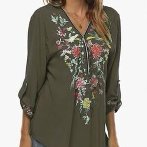 $55 Floral Embroidered V-Neck Boho Top - Olive Medium